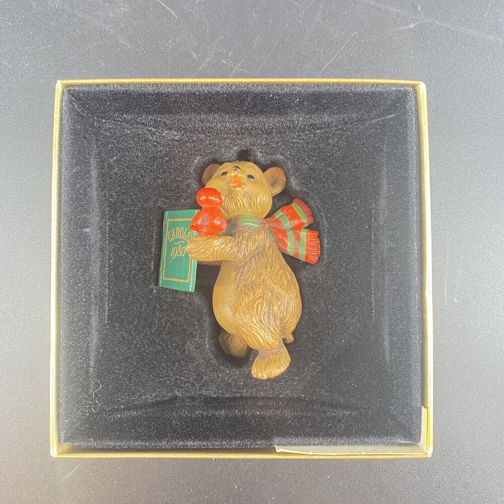 Vintage 1980 Hallmark Caroling Bear Christmas Ornament Gold Box
